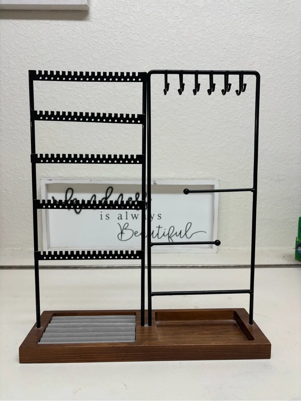 Black Metal & Wood Jewelry Organizer Stand with Earring and Bracelet Hooks